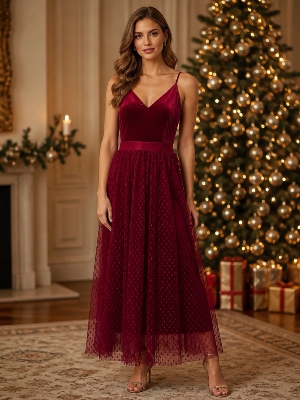 Express Burgundy Velvet Bodice Swiss Dot Tulle Midi Dress Size XS